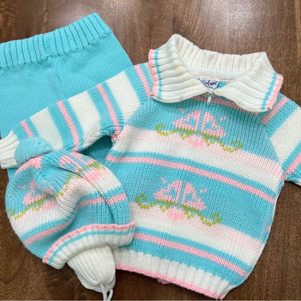 Knitted 3 piece Vintage set unisex hat, zip up sweater & long kni…